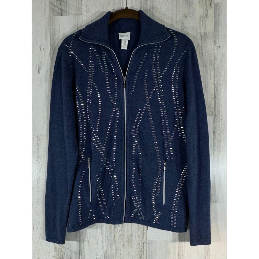 Chicos Zenergy Zip Sweater Jacket Size 0 Small Blue Silver Zip Pockets Cashmere